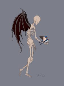 Digital drawing of a human skeleton with bat-like wings, holding two songbirds in its hand.