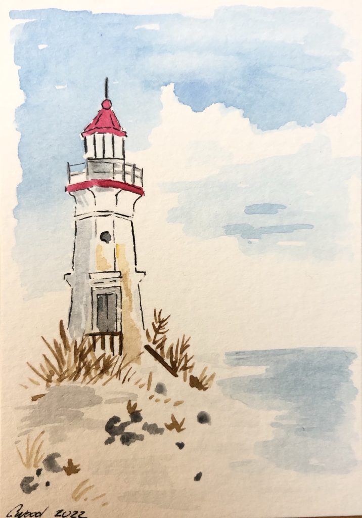 Watercolour painting of a round, red and white lighthouse on a PEI shore.