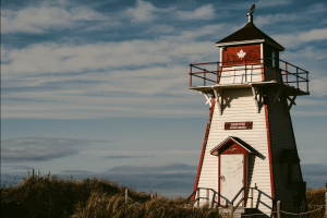 Photograph of the red and white Cove Head Lighthouse, Prince Edward Island, against a backdrop of blue sky.