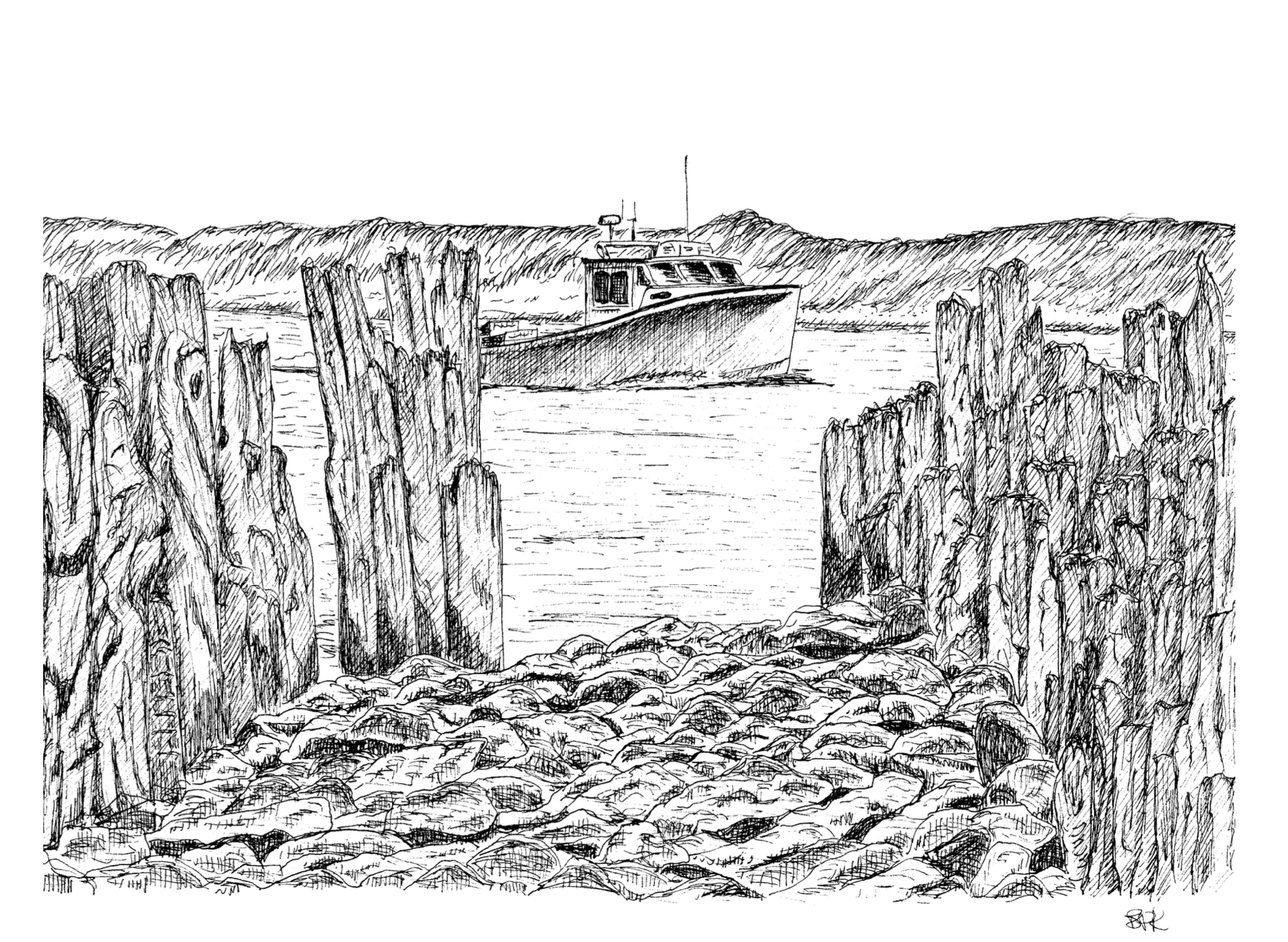 Ink drawing of a fishing boat on the water, with sand dunes in the background and a pier in the foreground.