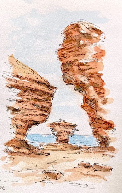 Watercolour painting of sandstone rock formation on a PEI beach.