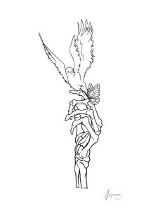 Digital drawing of a songbird and butterfly perched on a skeletal hand.