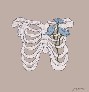 Digital drawing of a ribcage with three blue flowers woven between the ribs.