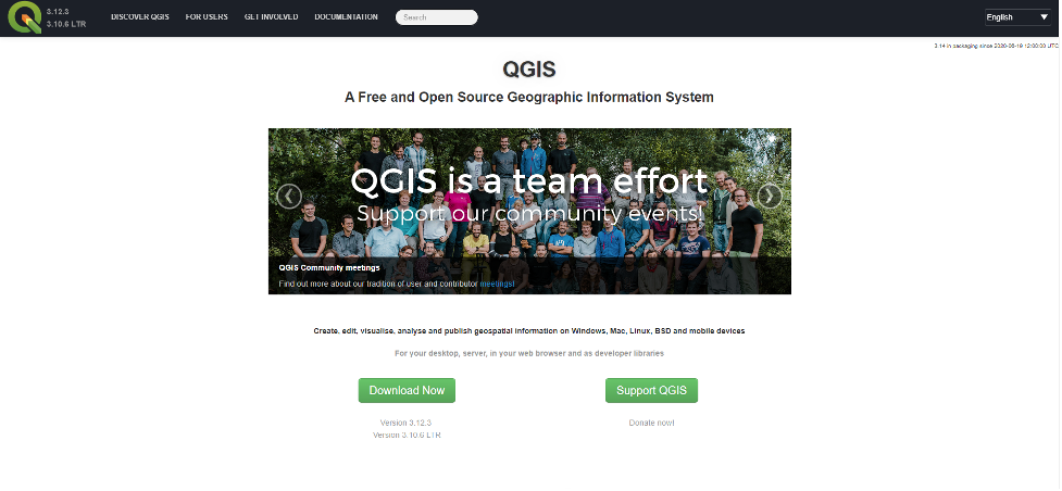 Figure 1.1. This image shows the QGIS website which is a free open source geographic information system. On this home page readers are asked to download the operating system that works best for them at the bottom of the page.