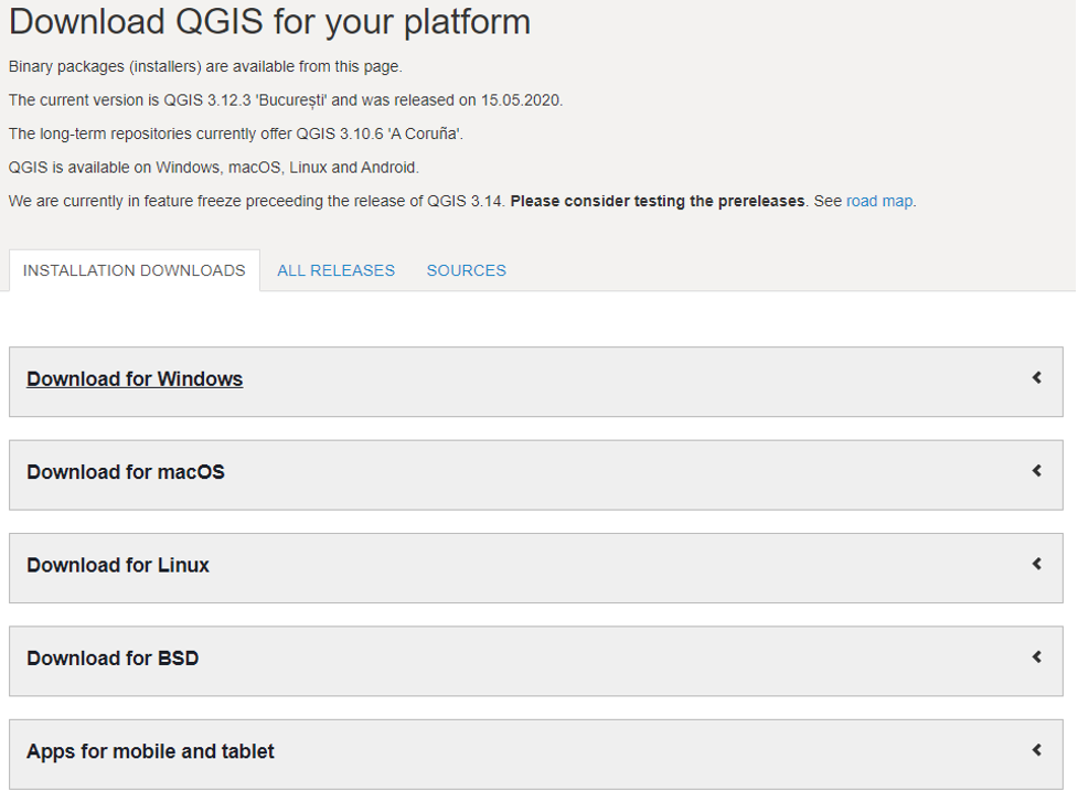 Figure 1.2. Multiple links are available for download once download of windows is chosen. These include: Download for Windows, Download for macOS, Download for Linux, Download for BSD, and Apps for mobile and tablet.