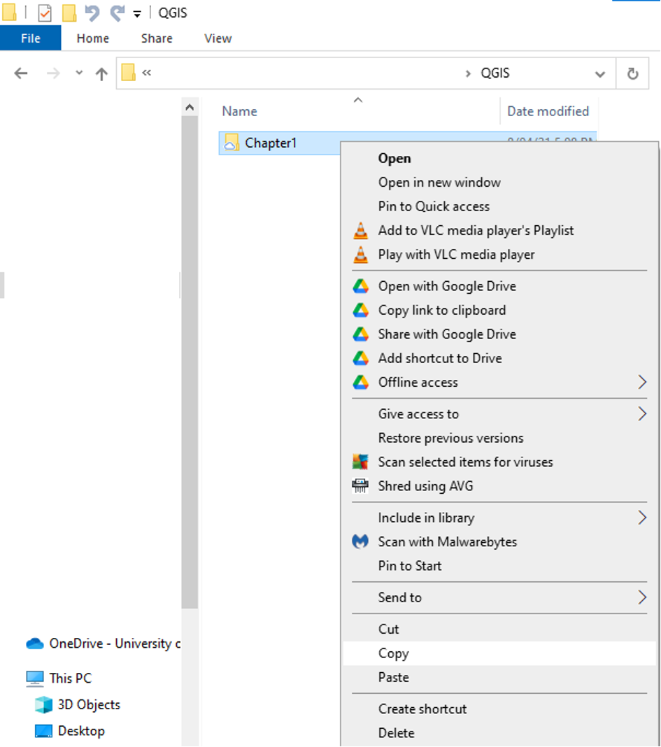 Figure 2.1. From the QGIS folder click on Chapter 1 and copy it.