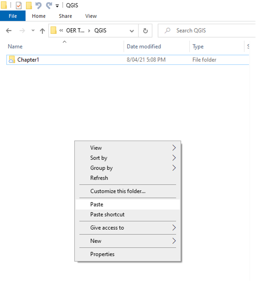 Figure 2.2. After pasting the copy of Chapter 1 right clicking on the Chapter 1 file. This image shows the pop-up that will allow you to paste the Chapter 1 - Copy. The paste choice is the sixth option.