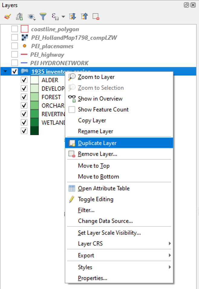 Figure 2.5. In the layers panel the 1935 layer is double clicked and the Duplicate Layer is being selected.