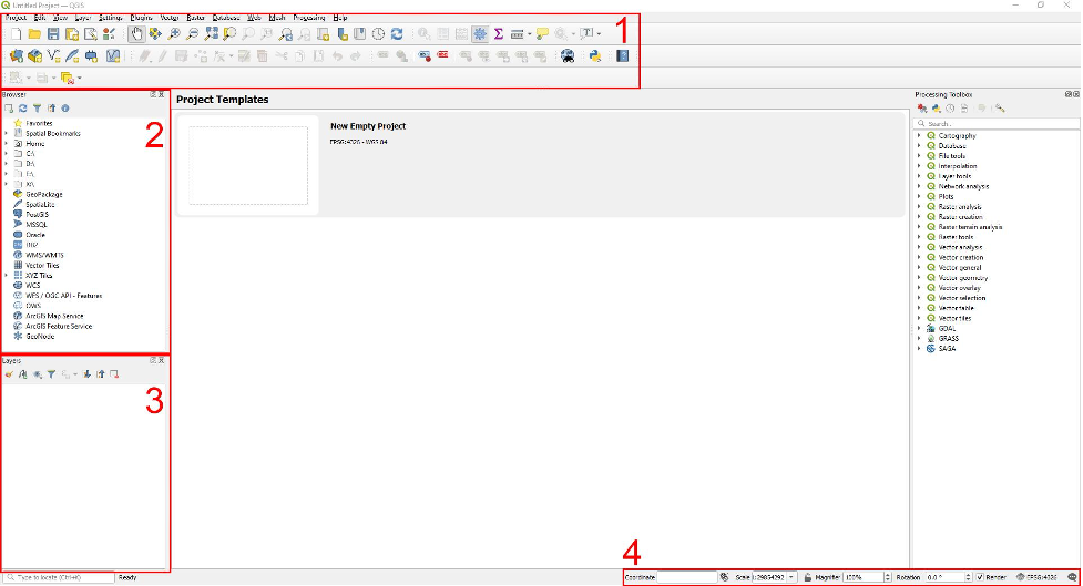 Figure 1.13. This image shows the different sections of the users screen. In the top part of the screen are a bunch of commands that can be chosen from and these are under the title section 1. In section 2 on the upper left hand side of the screen more commands can be found. Underneath section 2, section 3 can be found. Finally, section four can be found on the bottom right hand side of the screen.