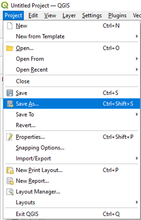 Figure 1.22. This image shows how to save the project you are working on go to the project in the upper left hand corner (area 1) then go down to save as.