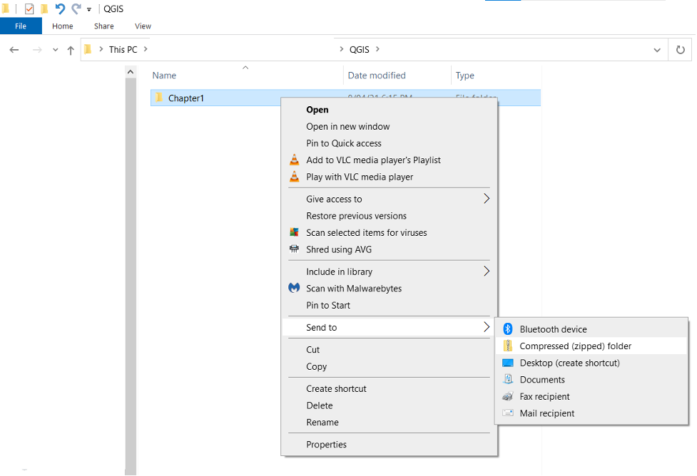 Figure 1.24. The file can then be sent to other areas by right clicking on the file, hovering over the send button and then clicking compressed (zipped) folder.