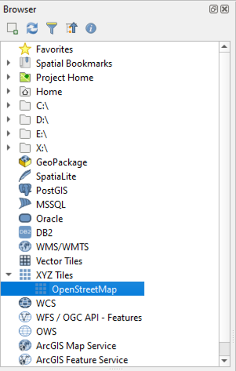 Figure 1.26. This shows that to add a base map to the layers that people must go into the browser section, extend XYZ Tiles and click on the first choice “OpenstreetMap”.