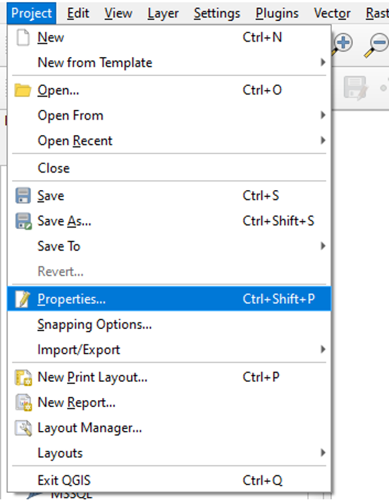 Figure 1.29. To set the project’s Coordinate Reference System it shows that at the top of the screen the top left corner hover “project” and go down to properties.