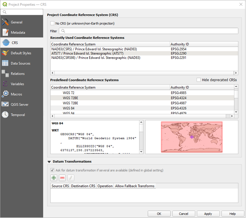 Figure 1.30. This image shows the screen that allows the coordinate reference system to change.