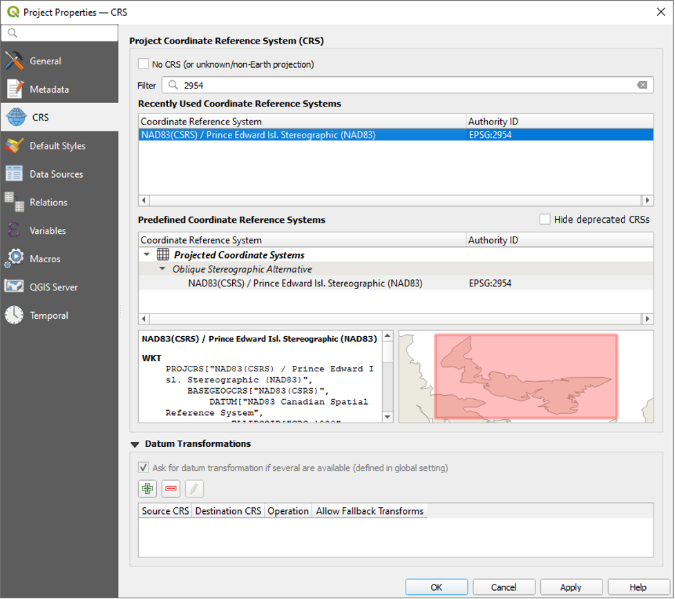 Figure 1.31. This image shows the type of code for the coordinate reference system to be used. In this case it is 2954 that is typed and NAD83(CSRS)/Prince Edward Isl. Stereographic (NAD83) that is selected.
