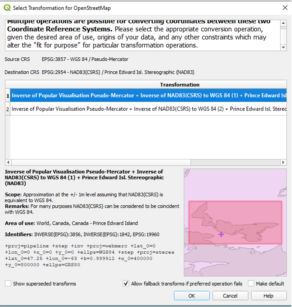 Figure 1.32. The transformation 1 Inverse of popular visualization Pseudo-Mercator+Inverse of NAD83(CSRS) to wGS 84 (1) + Prince Edward Island.