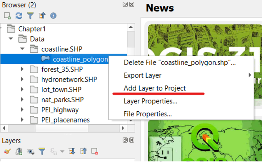 Figure 1.37. Right clicking on section data, coastline.SHP, coastline_polygon opens the option to “add layer to project”(the third option down).