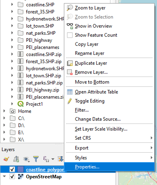 Figure 1.40. After right clicking on the coastline_polygon layer properties is selected.