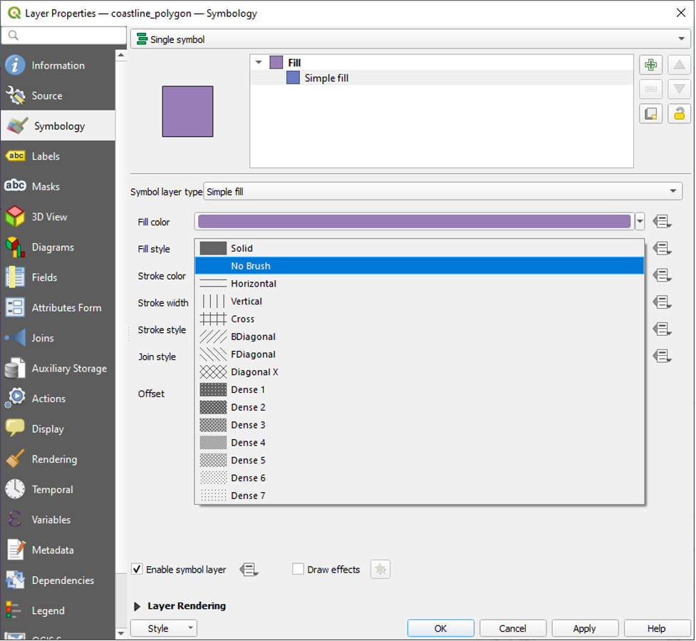 Figure 1.42. After choosing the fill colour the fill style can be dictated through a drop down menu.