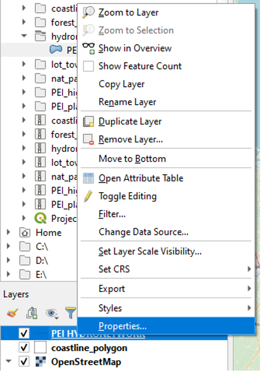 Figure 1.46. In the layers panel right clicking and select properties to change the line colour (to blue) to make the layer more prominent.