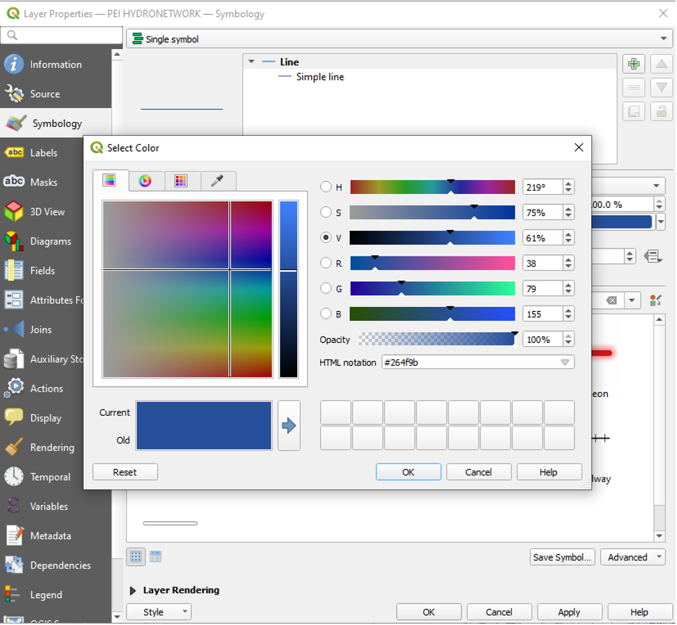 Figure 1.47. The colour changing options for the PEI HYDRONETWORK lines.