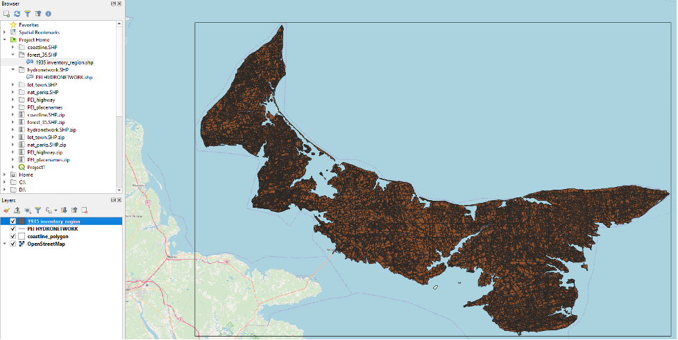 Figure 1.49. Through the browser added “1935 inventory_region.shp” onto the map.