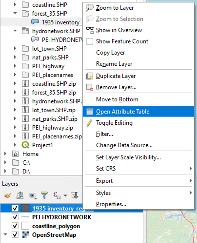 Figure 1.50. After adding the 1935 inventory region, and right click on it to then select the open attribute table.