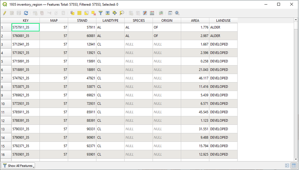 Figure 1.51. Attribute table, from right to left the table reads; key, map, stand, land type, species, origin, area, and land use.