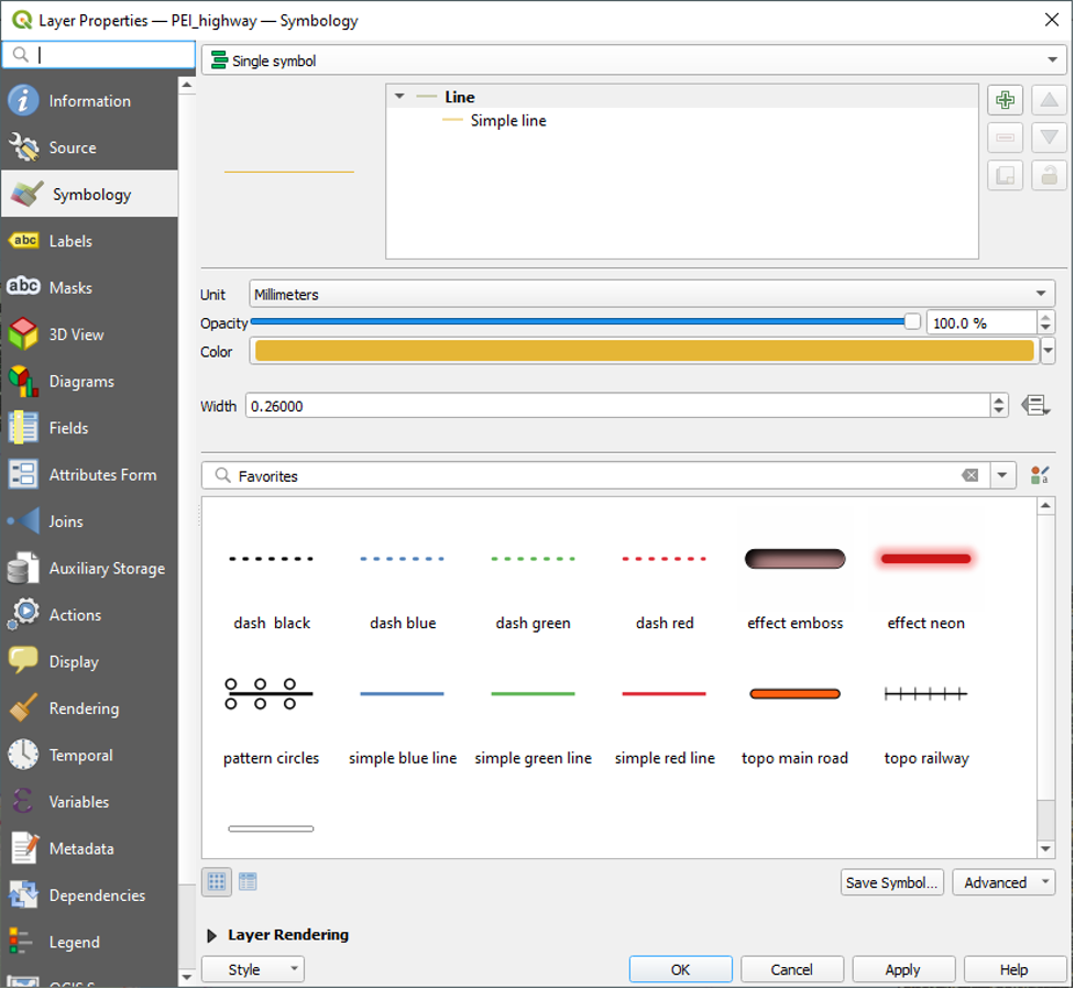 Figure 1.58. Symbology page for the highway layer. The order for changeable options are Unit, Opacity, Color, Width.