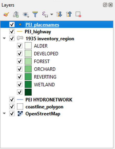 Figure 1.60. PEI placenames layer added to the layers panel at the top of the list.