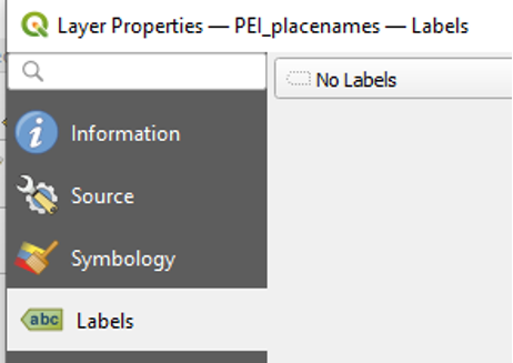 Figure 1.61. The labels option under symbology for the PEI placenames layer is selected.