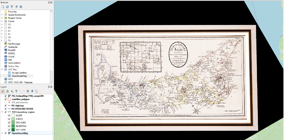 Figure 1.66. The 1798 map layer added to the layers panel. The view of the 1798 map covering the other layers making them unable to be viewed.