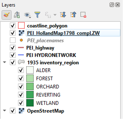 Figure 1.67. The coastline layer above the PEI HollandMap1798 compLZW on the layers list.