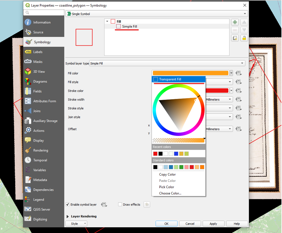 Figure 1.68. The coastline_polygon layer symbology simple fill color is changed to transparent.