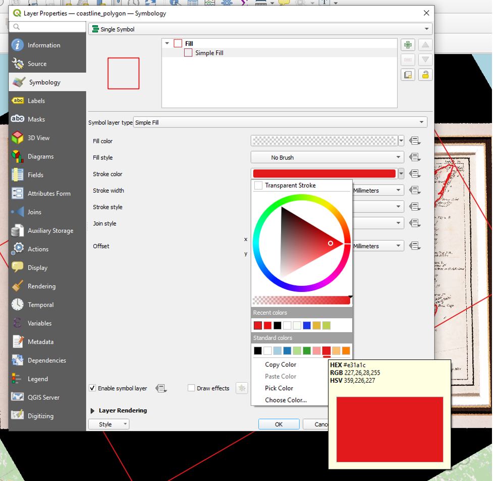 Figure 1.69. Coastline_polygon layer symbology then click stroke color, standard colors, and red