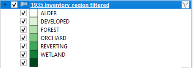 Figure 2.19. The layer that is selected is highlighted in blue and a symbol of a filter is on the right