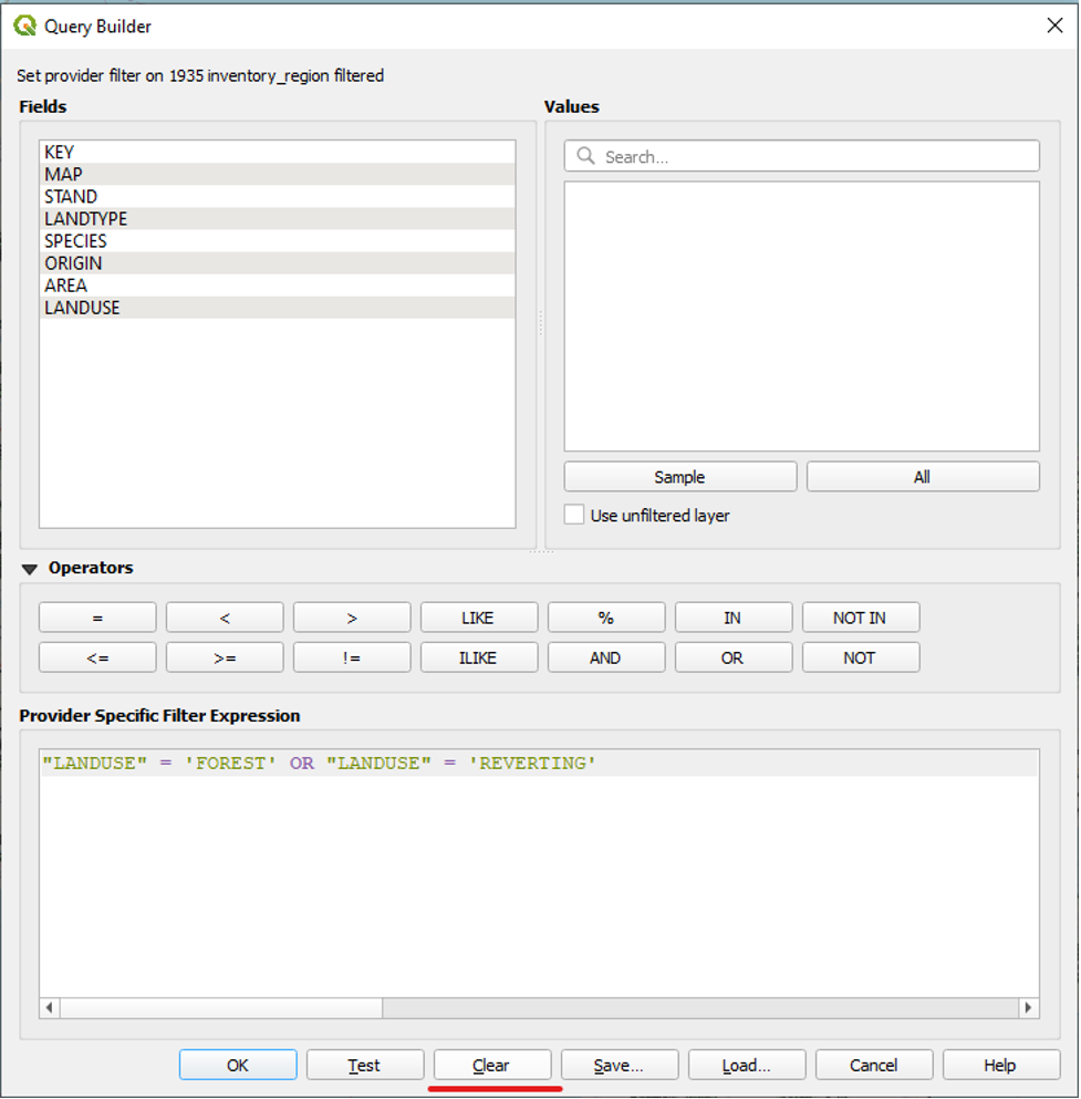 Figure 2.21. The Query Builder window is open, and the button to clear the filters is underlined in red as the third option on the bottom of the screen.
