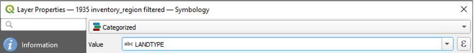 Figure 2.23. Layer Properties window with Categorized option selected and the value selected is LANDTYPE