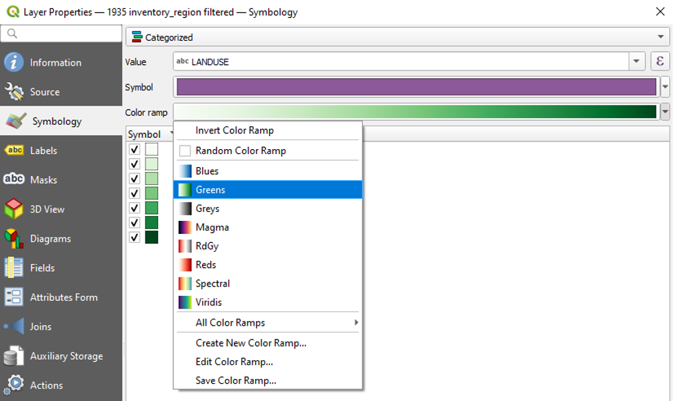 Figure 2.24. The colour ramp selections in the Layer Properties window. The Greens colour ramp is selected and a preview of those colours is shown above the selections.