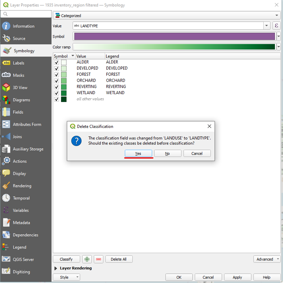 Figure 2.26. Possible pop-up when selecting classify where yes (the first option) is the option to choose in the layer Properties panel. The option is underlined in red.