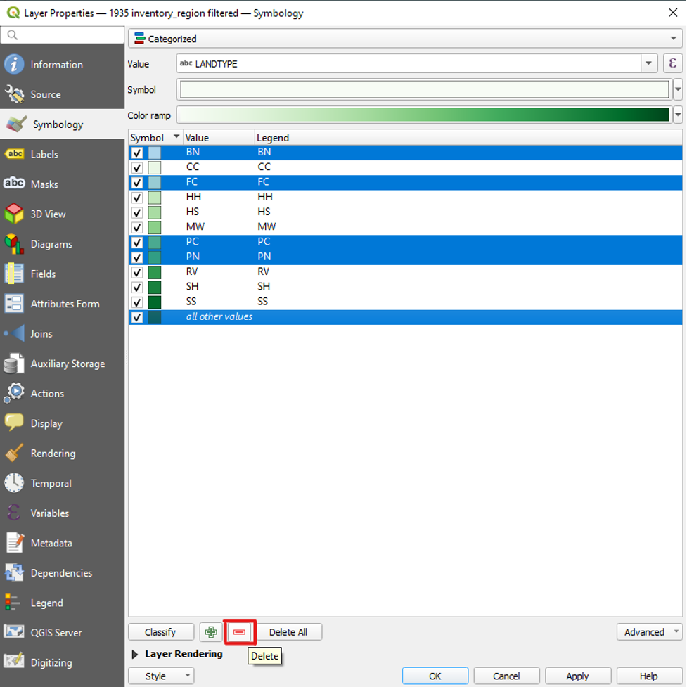 Figure 2.27. Layer Properties panel with five values selected in blue and the delete button at the bottom of the page is shown as a minus sign surrounded in a red box.