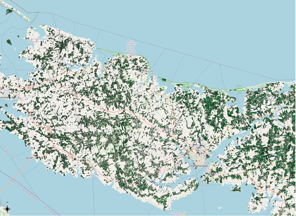 Figure 2.30. The updated map showing central PEI on a white background and the desired forest parcels visible in the green colour ramp colours selected in the previous steps