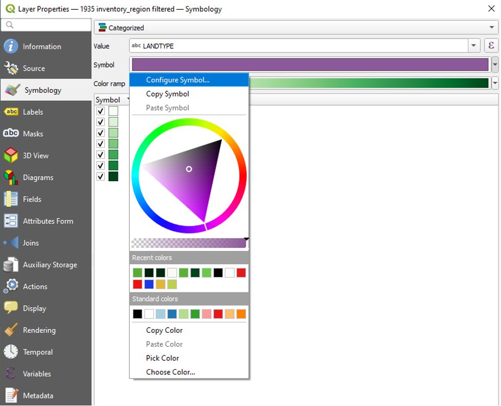 Figure 2.31. The Layer Properties panel with categorized Symbology and the symbol selection necessary to remove black border that accompanies each polygon.