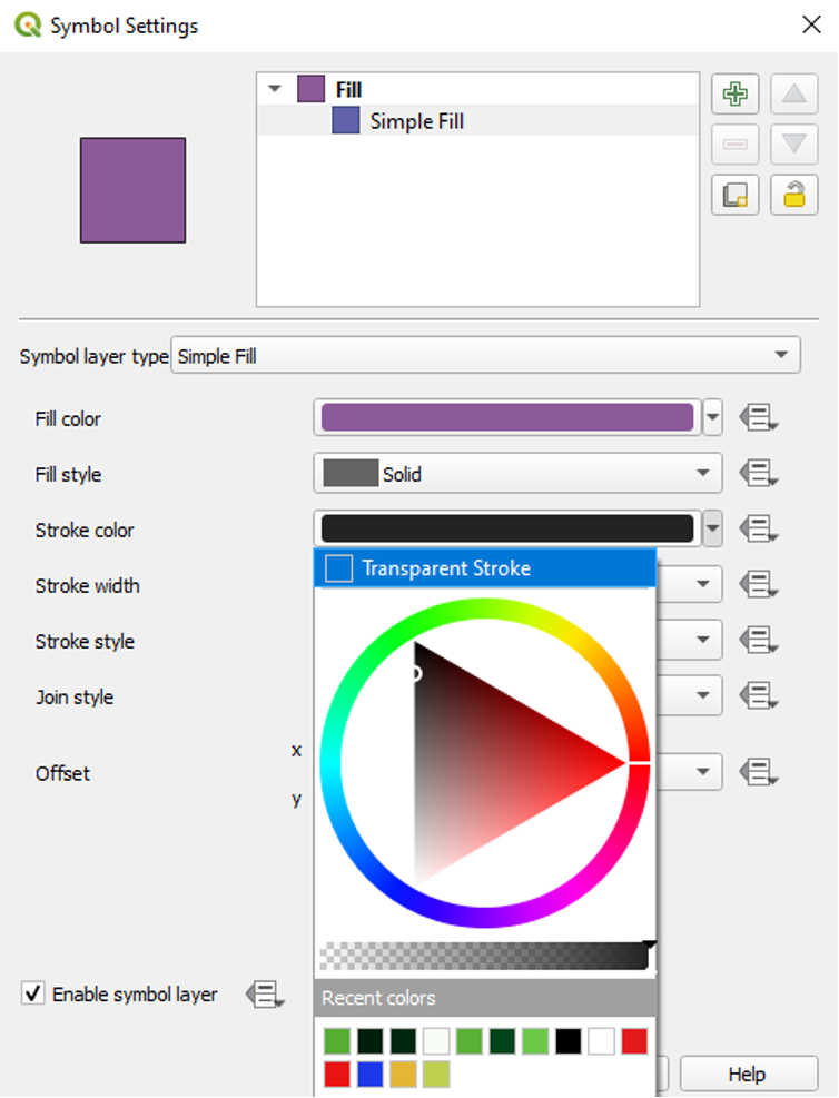 Figure 2.32. The Symbol Settings window with Simple Fill selected and the transparent Stroke selected within the simple fill layer type.