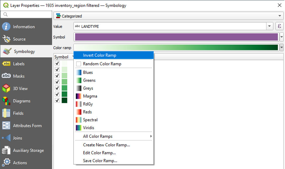 Figure 2.34. The Layer Properties panel with categorized Symbology and the Invert Color Ramp option highlighted as one of several color ramp options.