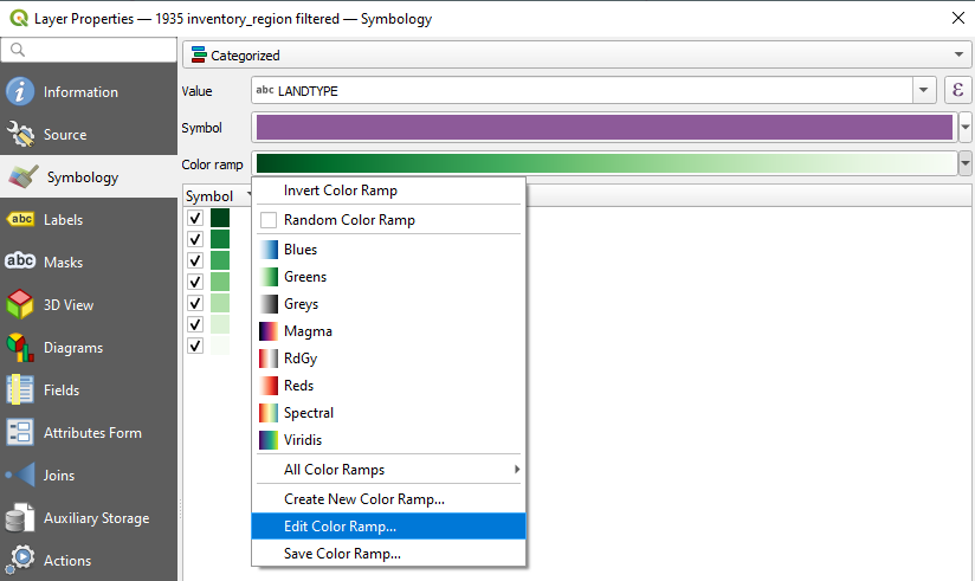 Figure 2.34. The Layer Properties panel with categorized Symbology and the “Edit Color Ramp” option highlighted as one of several color ramp options.