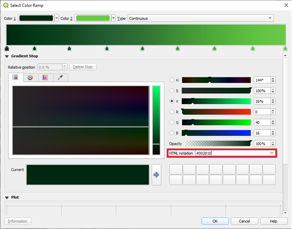 Figure 2.40. Select Color Ramp, HTML notation selection is #002810 and highlighted by a red box.