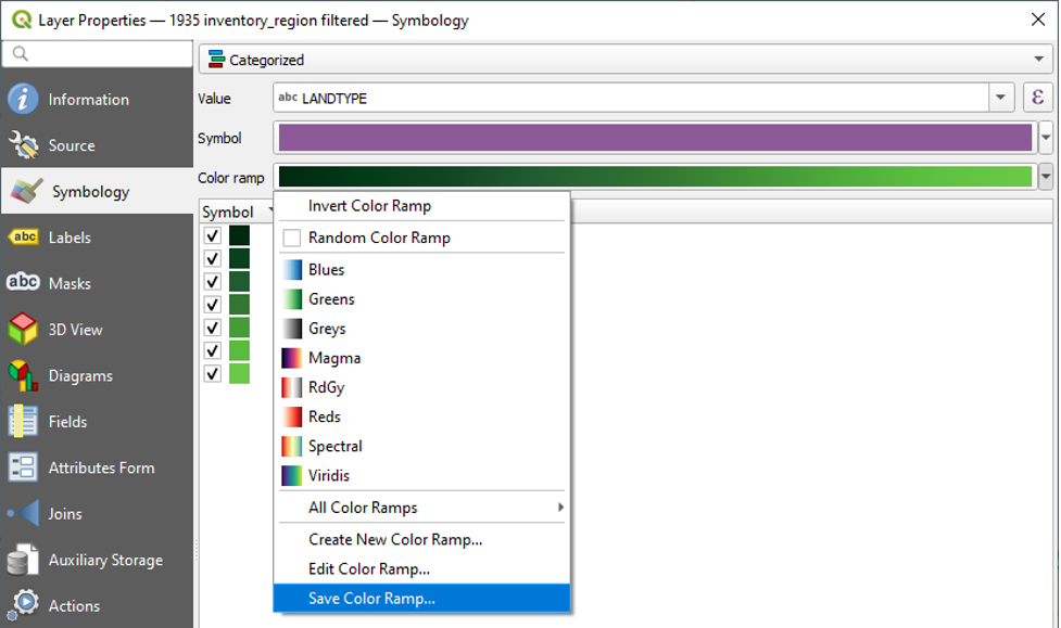 Figure 2.43. Color Ramp options shown with Save Color Ramp selected as the last option.