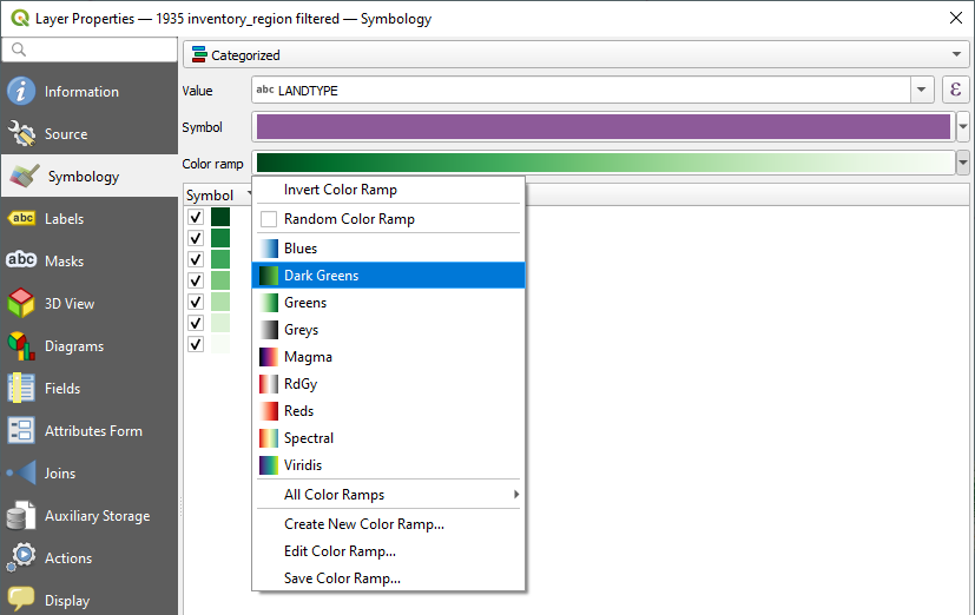 Figure 2.44. Color Ramp options shown with the Dark Greens option selected