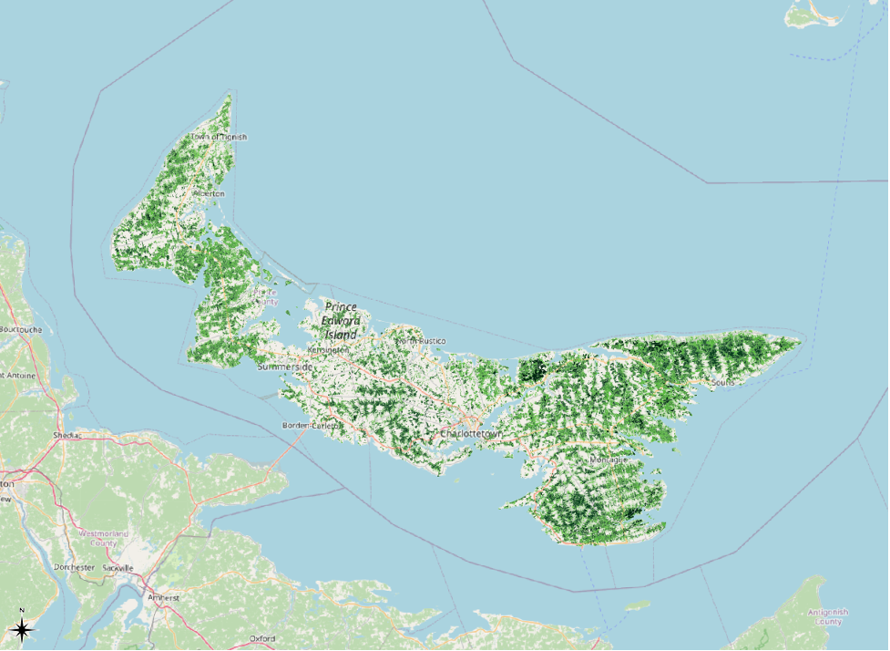Figure 2.45. Updated map showing all of PEI with the dark greens colour ramp options reversed.